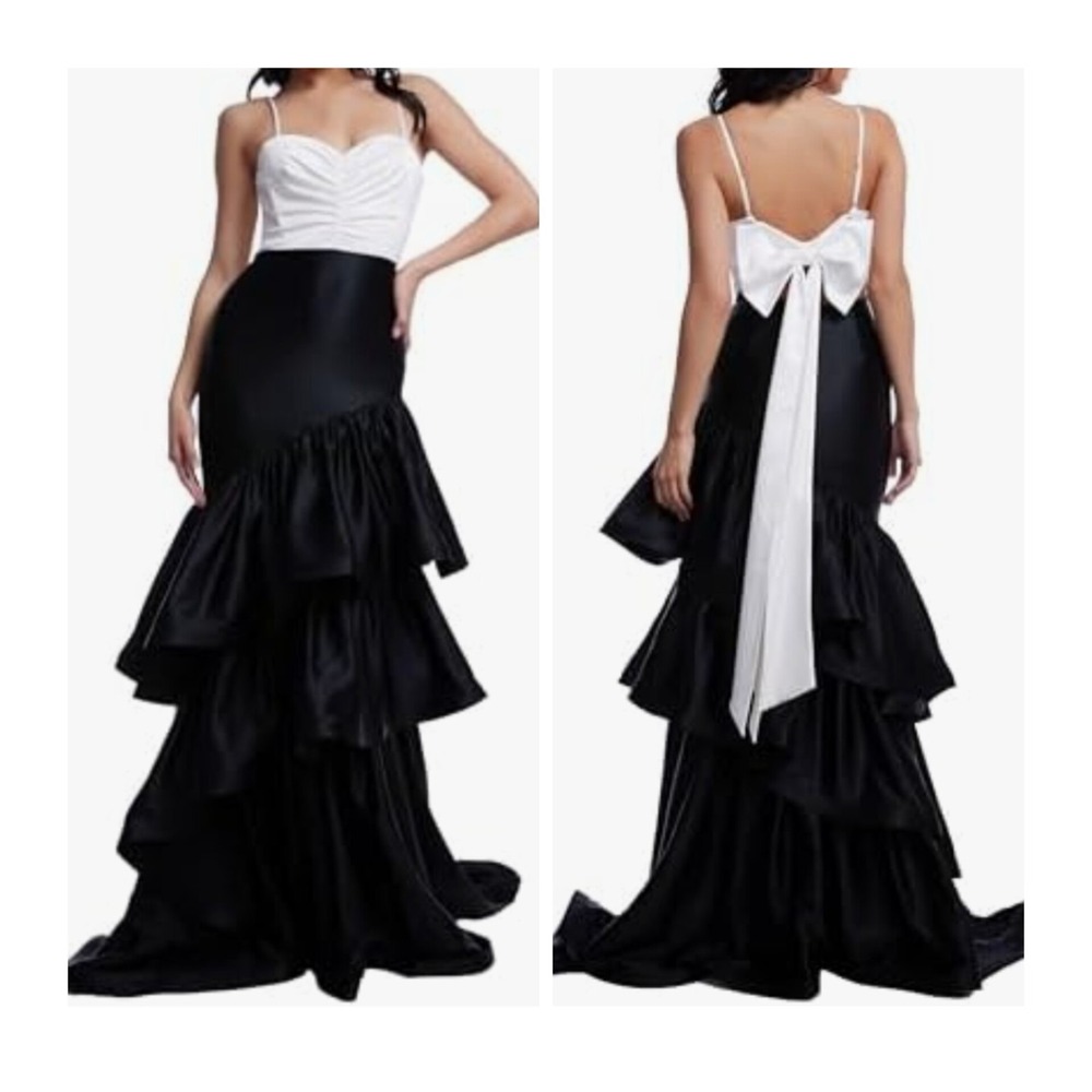 Dress The Population XL Clarice Two-Tone Ruffled Tiered Maxi Dress White Black